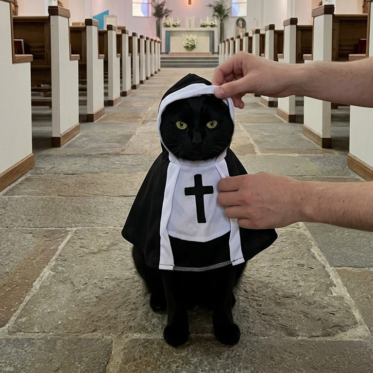 Czarny kot w stroju zakonnicy w kościele, kadr kwadratowy